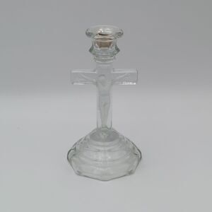 Vintage Clear Pressed Glass Crucifix Cross Candlestick Candle Holder 7 1/2"